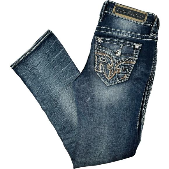 VTG y2k Womens Low Rise Rock Revival Medium Wash Blue Denim Sundee Bootcut Jeans - Picture 1 of 8
